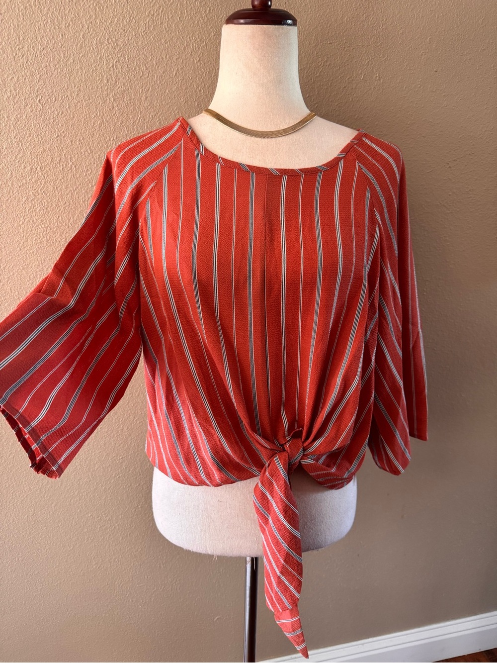 Striped Rust Tie-Front Blouse - Picture 6 of 12